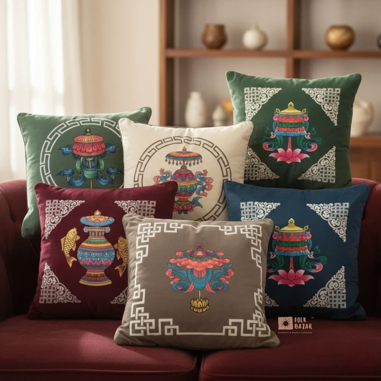 Set of Eight Lucky Signs Cushion Cover (available in 5 colors)